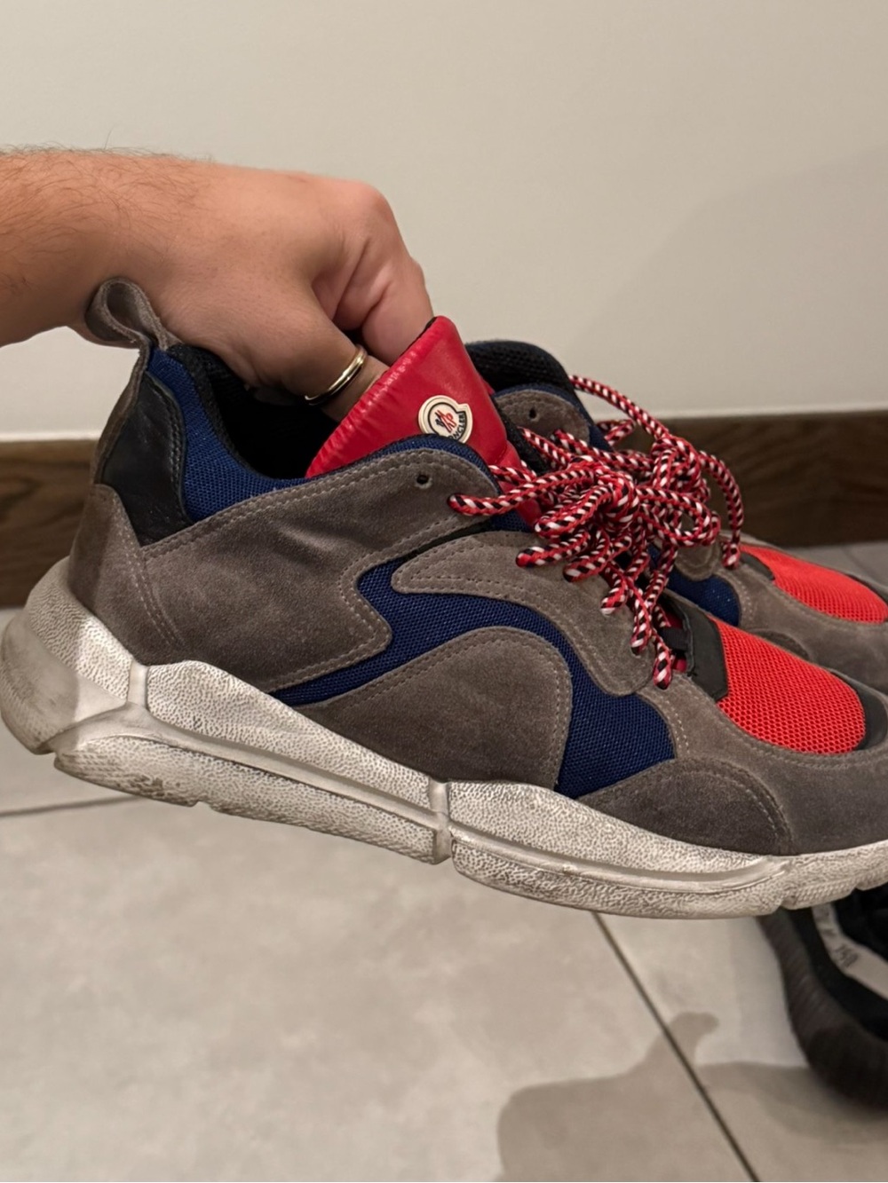Moncler Men’s Red, Navy & Taupe Suede Mesh Sneakers - Picture 2 of 5